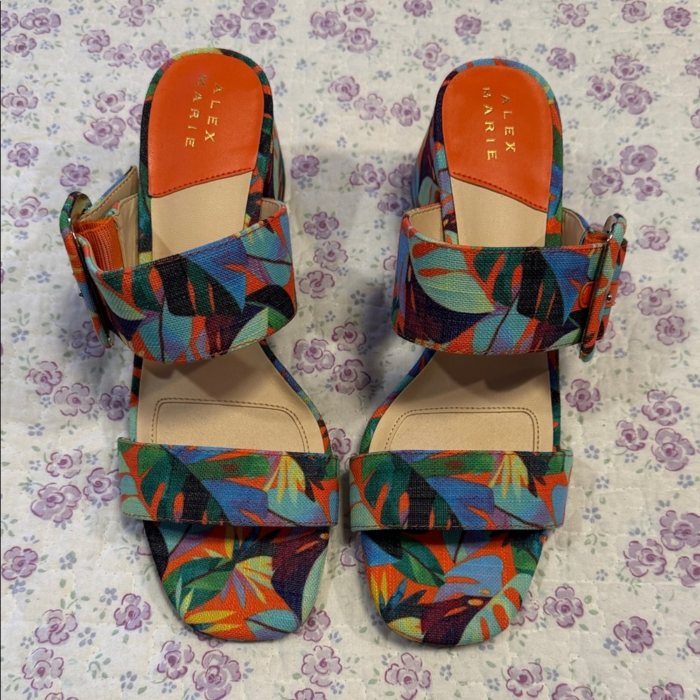 Alex Marie Tropical Multicolor Block Heel Mules - Green, Blue, Orange